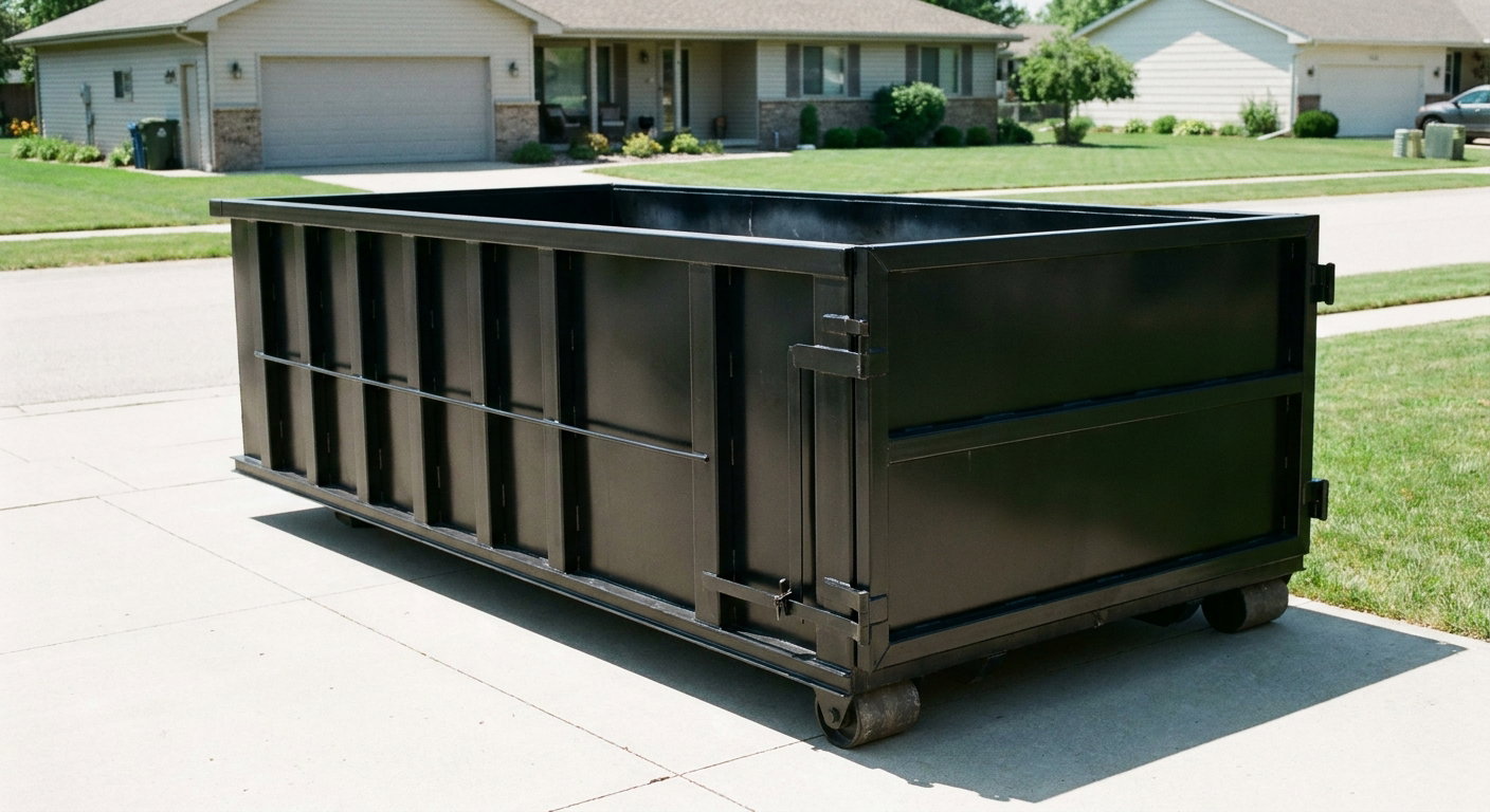 Matte-black 10-yard roll-off dumpster on a residential concrete driveway in Upland, uniformly painted matte black across every panel and rail, ribbed steel sidewalls and rear swing door visible, mid-day daylight.