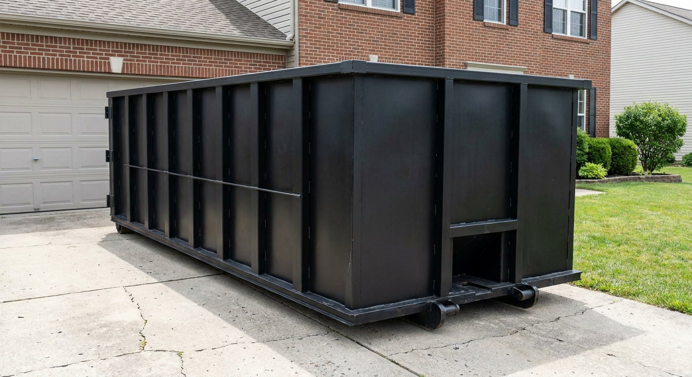 Matte-black 20-yard roll-off container on a Upland residential concrete driveway with reinforced ribbed steel sidewalls and a hinged rear walk-in door, clean bright daylight.