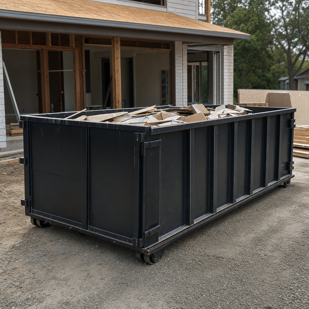 Large matte-black 30-yard construction roll-off dumpster at an active Upland jobsite, steel-gray top rails and bottom rollers visible, loaded with construction debris.