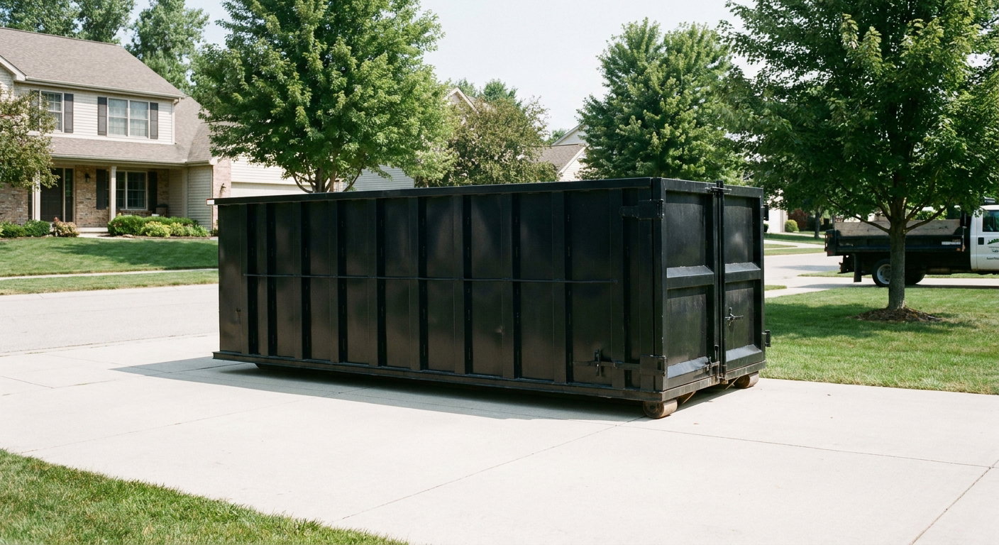 Matte-black 20-yard roll-off dumpster sitting level on a clean Upland residential concrete driveway under bright daylight, demonstrating clean placement directly on the concrete.