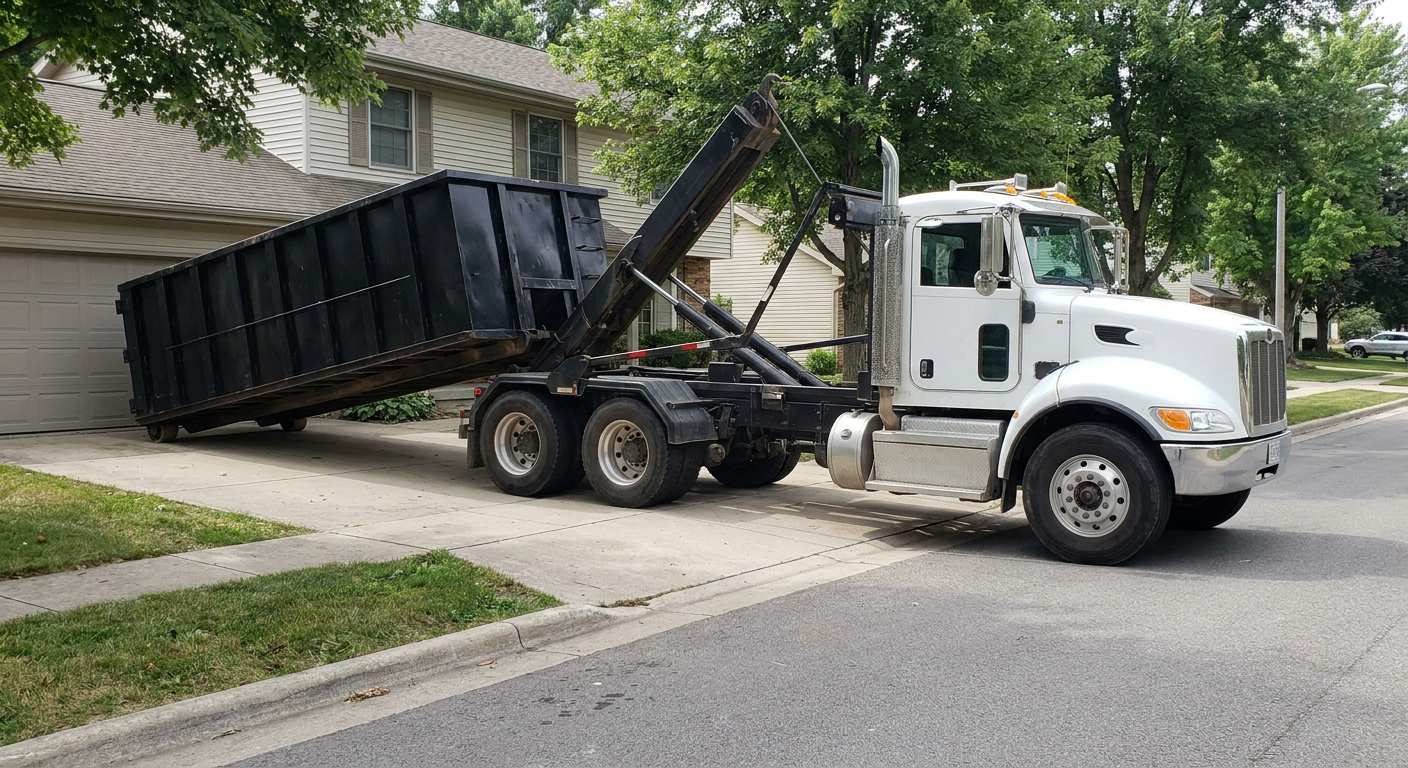 White-cab hooklift roll-off truck actively lowering a matte-black dumpster onto a Upland residential concrete driveway, the dumpster's rear wheels touching the driveway as the hoist arm tilts the bed forward, mid-morning daylight.