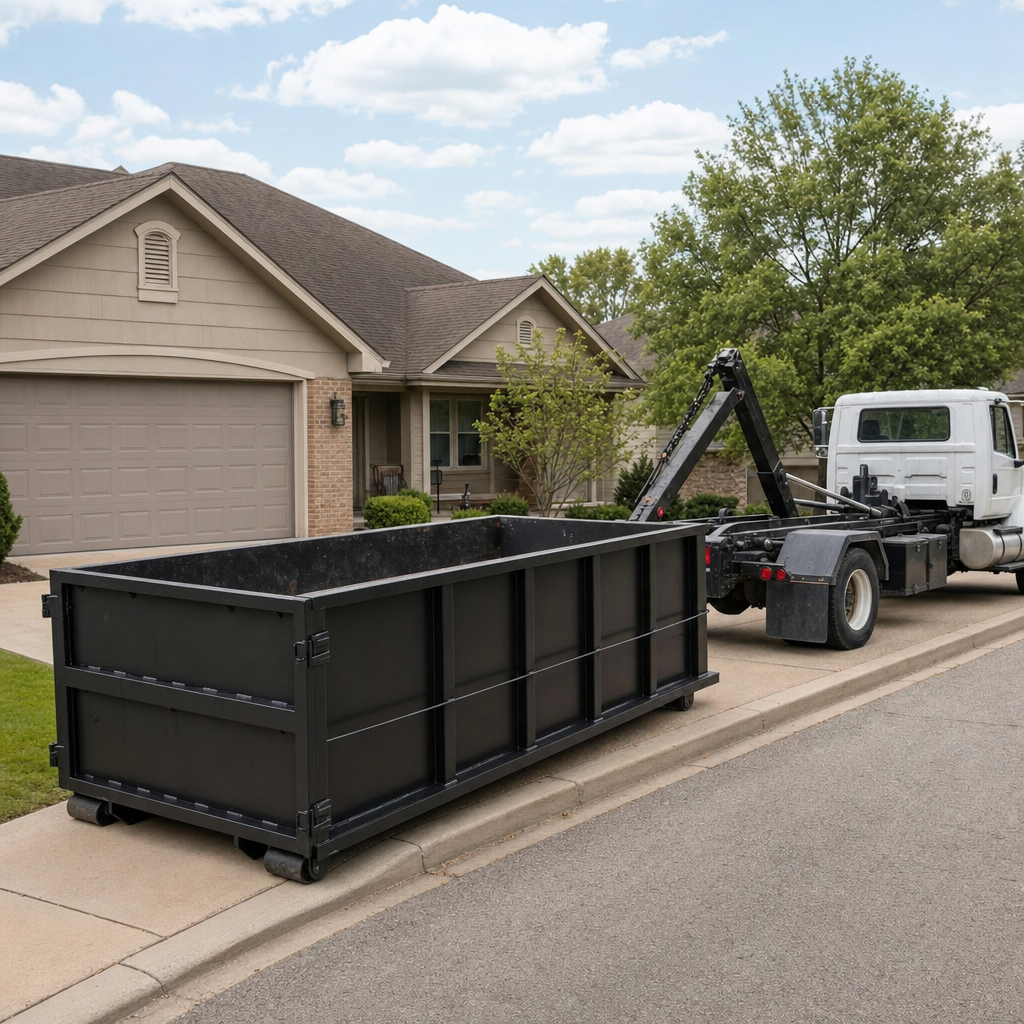 Wide documentary shot of a matte-black roll-off dumpster on a Upland residential driveway in the foreground and a contractor jobsite container in the soft-focus background, bright daylight, calm and orderly composition.