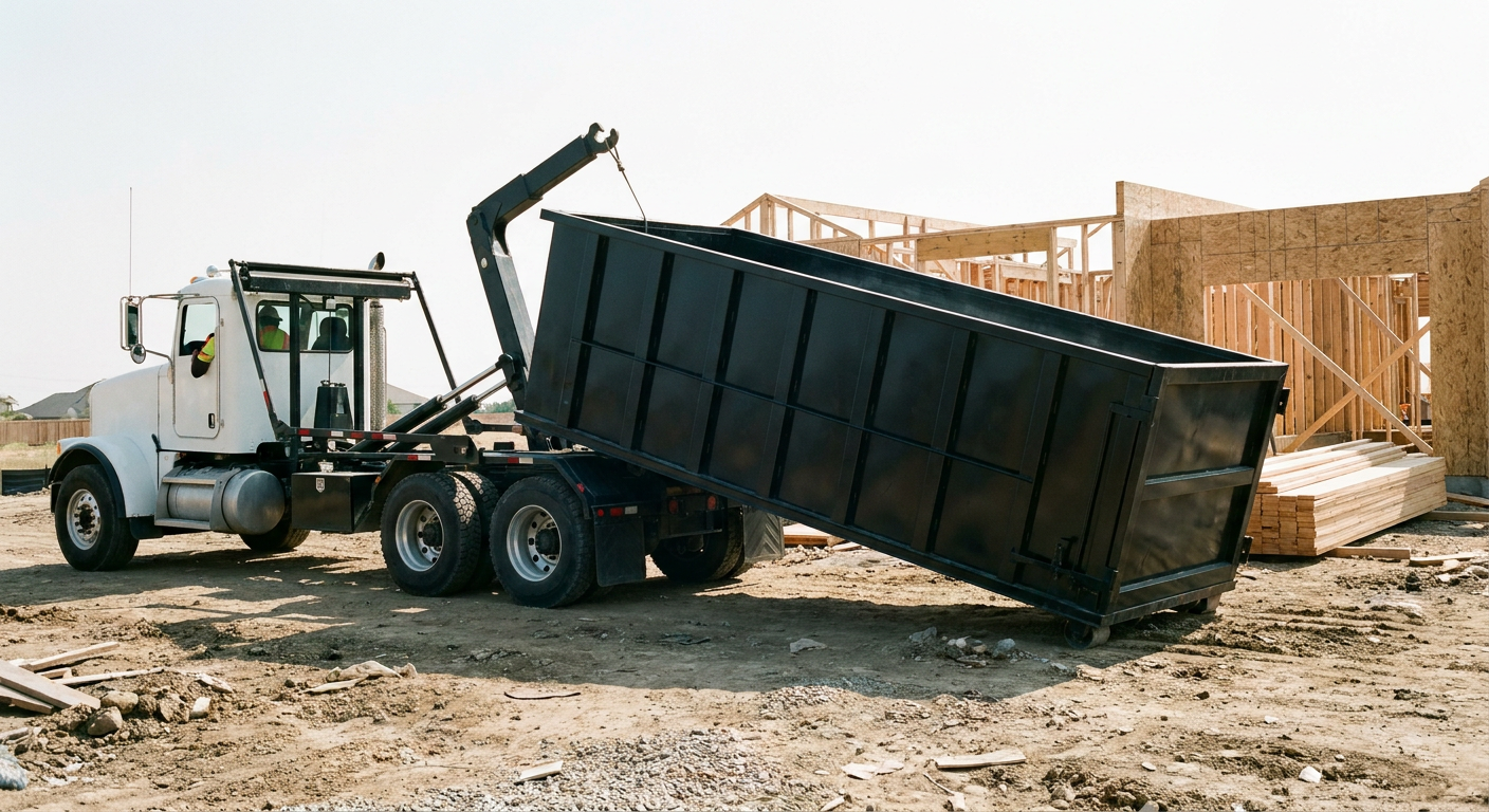Matte-black roll-off dumpster being delivered onto a clean residential concrete driveway in Upland by an unmarked white hooklift hauler truck, bright morning daylight, documentary 35mm perspective.